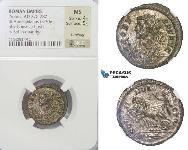 E58, Roman Empire, Probus (276-282 AD) BL Aurelianus (3.70g) Consular bust / Quadriga, NGC MS