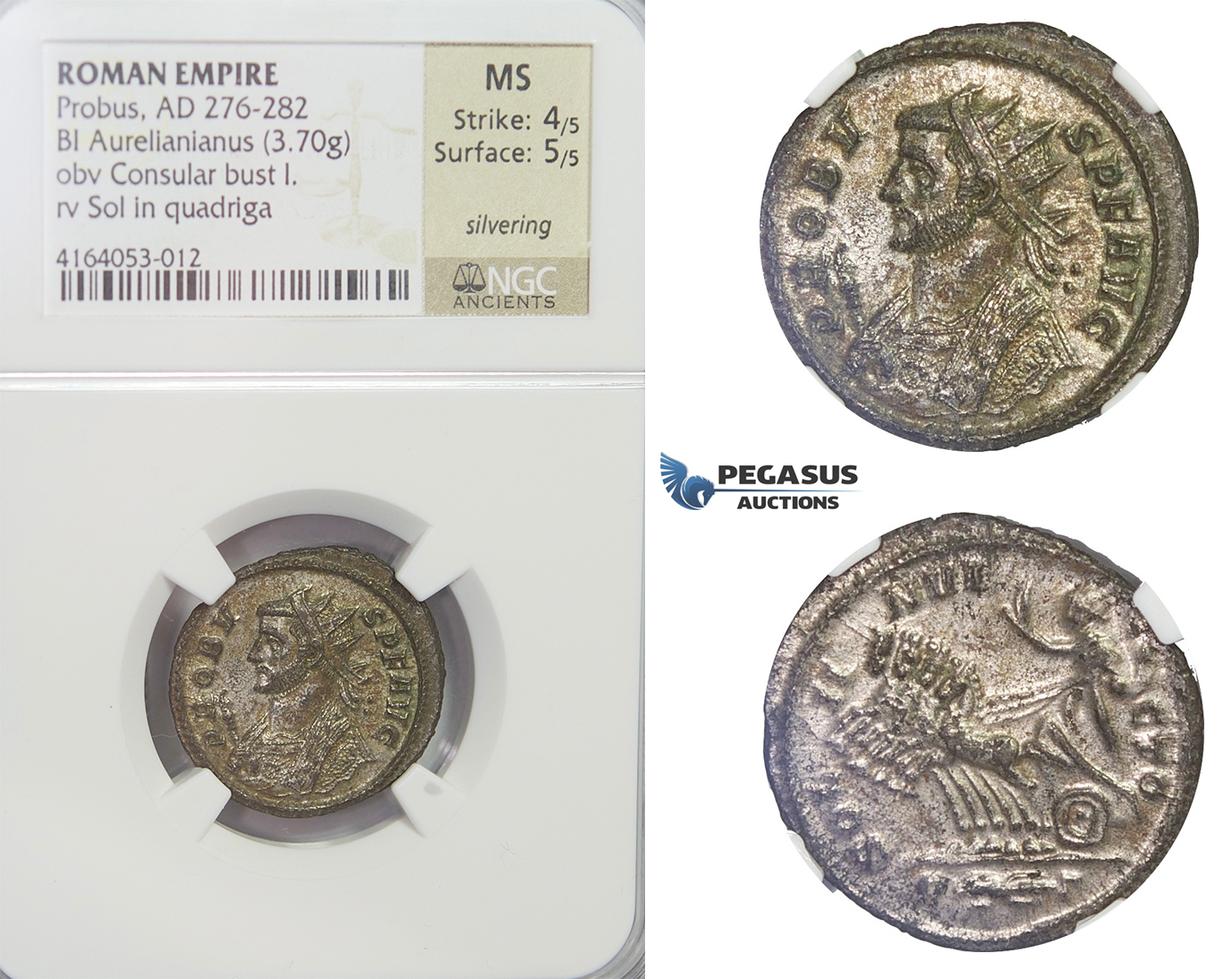 E58, Roman Empire, Probus (276-282 AD) BL Aurelianus (3.70g) Consular bust / Quadriga, NGC MS