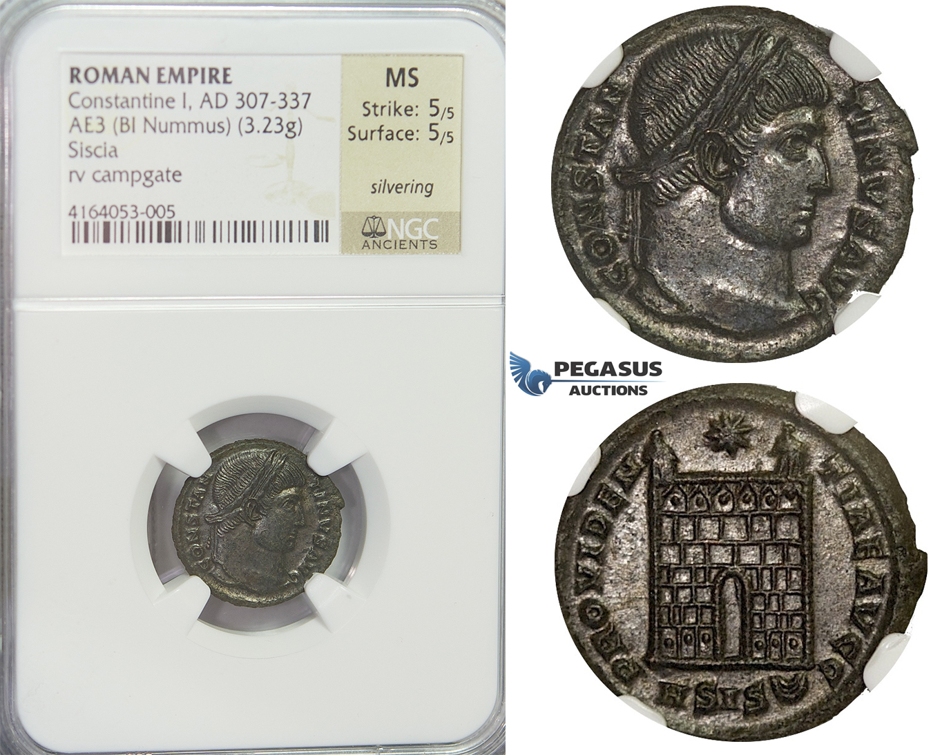 E59, Roman Empire, Constantine I (307-337) BL Nummus (3.23g) Siscia, Campgate, NGC MS