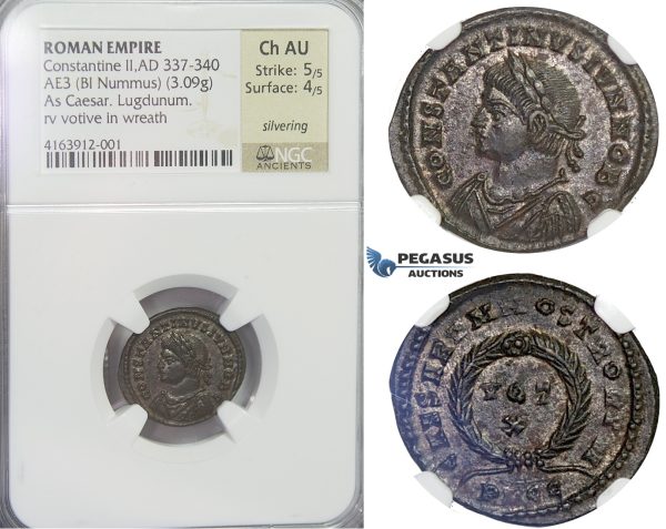 E60, Roman Empire, Constantine II (337-340 AD) BL Nummus (3.09g) Votive, NGC AU