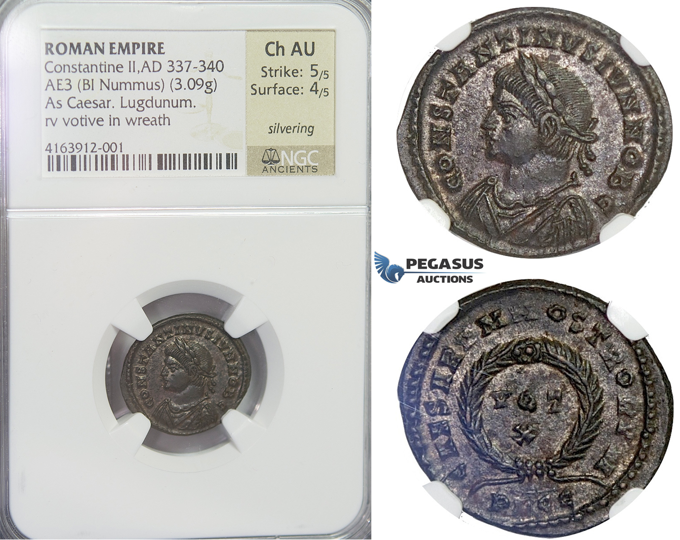 E60, Roman Empire, Constantine II (337-340 AD) BL Nummus (3.09g) Votive, NGC AU