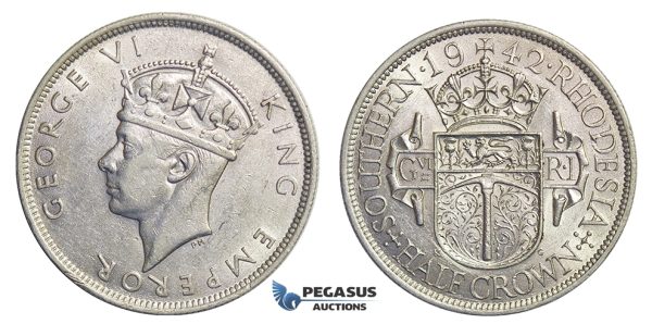 E63, Southern Rhodesia (Zimbabwe) George VI, Half Crown, Silver, High Grade!