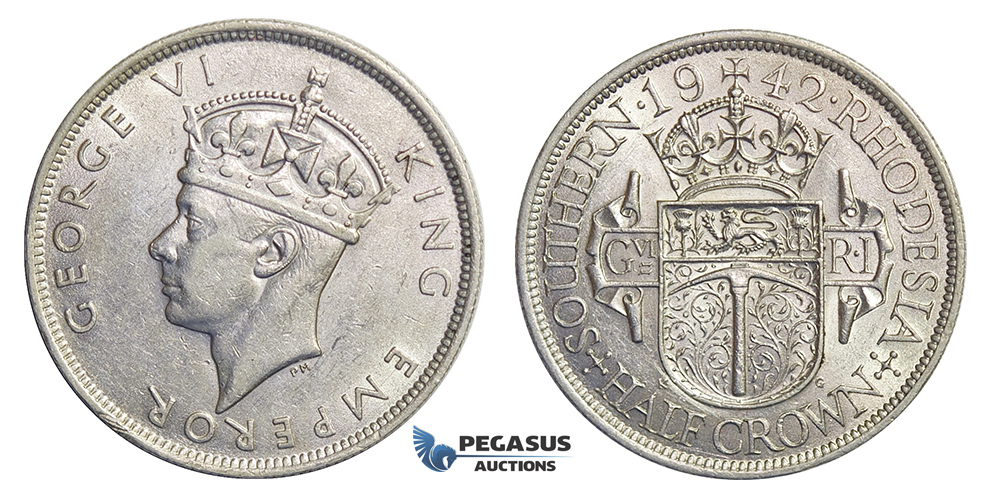 E63, Southern Rhodesia (Zimbabwe) George VI, Half Crown, Silver, High Grade!