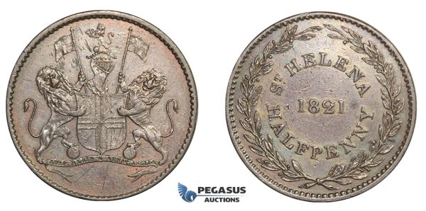 E65, Saint Helena (British East India Company) Half Penny 1821 RARE & Nice (Graffiti)