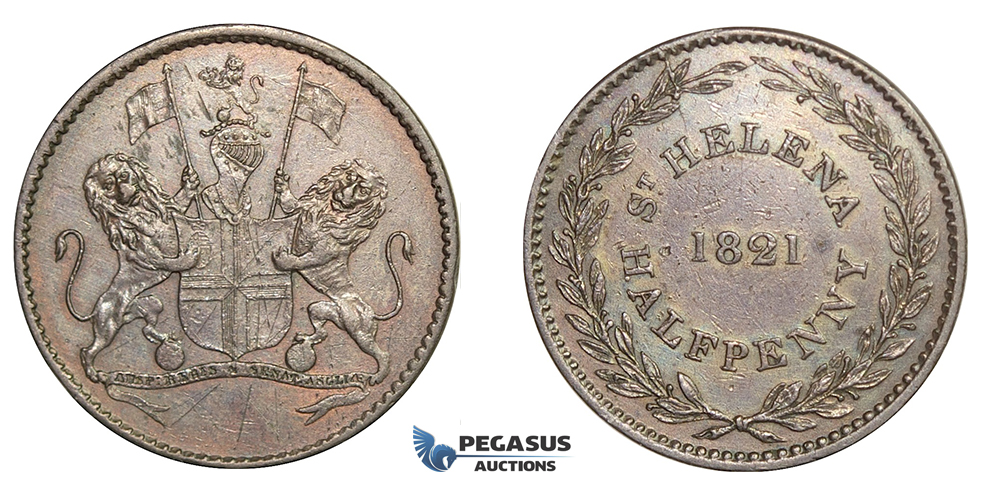 E65, Saint Helena (British East India Company) Half Penny 1821 RARE & Nice (Graffiti)