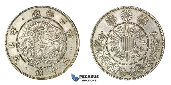 E68, Japan, Meiji, 50 Sen Yr. 3 (1870) Silver, Cleaned!