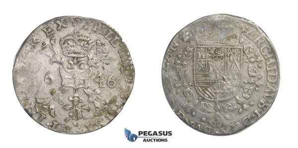 E69, Belgium, Flandern, Philip IV, Patagon 1646, Bruges, Silver