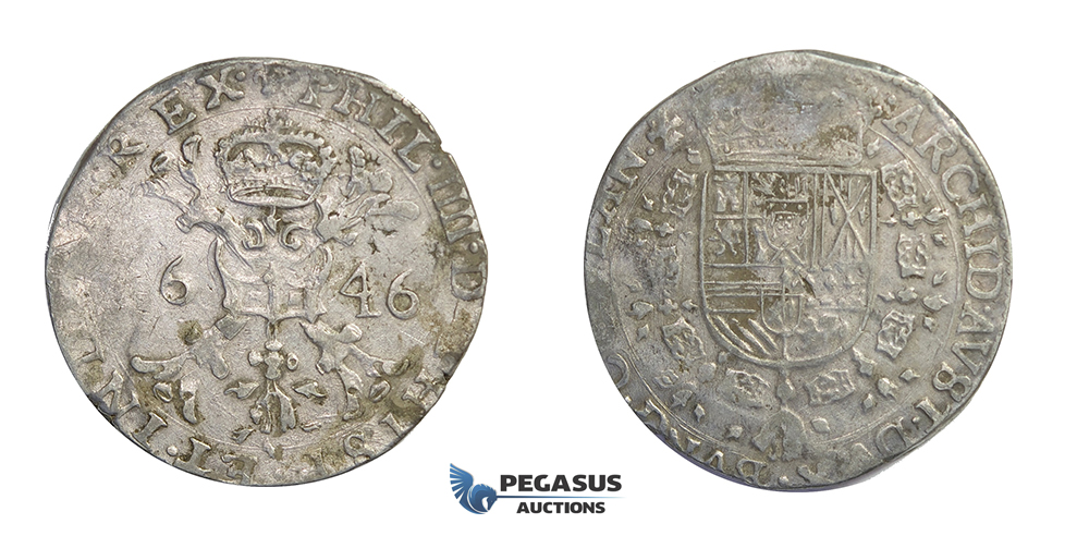 E69, Belgium, Flandern, Philip IV, Patagon 1646, Bruges, Silver