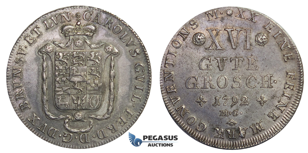 E71, Germany, Braunschweig-Wolfenbüttel, XVI Groschen 1792-MC, Silver, Toned High Grade!