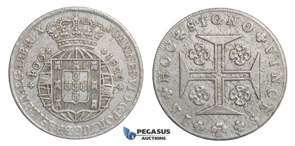 E76, Portugal, Joao VI, 400 Reis 1822, Lisbon, Silver, High Grade!