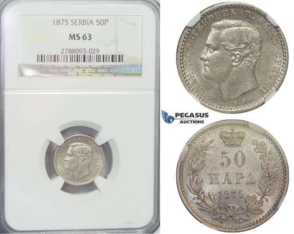 E83, Serbia, Milan I. Obrenovic, 50 Para 1875, Silver, NGC MS63 (Pop 1/5)