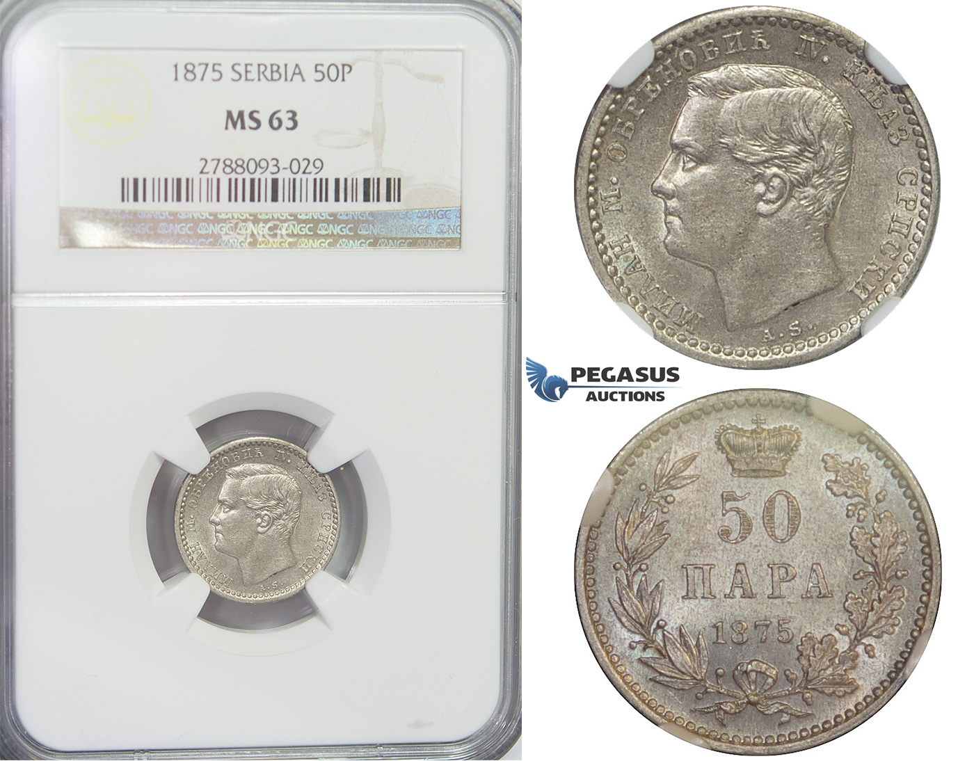 E83, Serbia, Milan I. Obrenovic, 50 Para 1875, Silver, NGC MS63 (Pop 1/5)