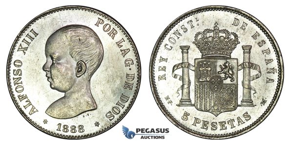 E85, Spain, Alfonso XIII, 5 Pesetas 1888 (88) MP/M, Silver, Top Grade (Minor bag marks)