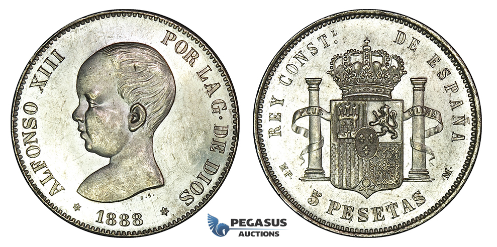 E85, Spain, Alfonso XIII, 5 Pesetas 1888 (88) MP/M, Silver, Top Grade (Minor bag marks)