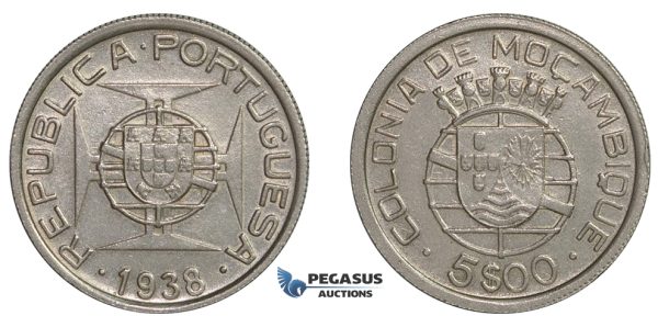 E87, Mozambique (Portuguese) 5 Escudos 1938, Silver, Top Grade!