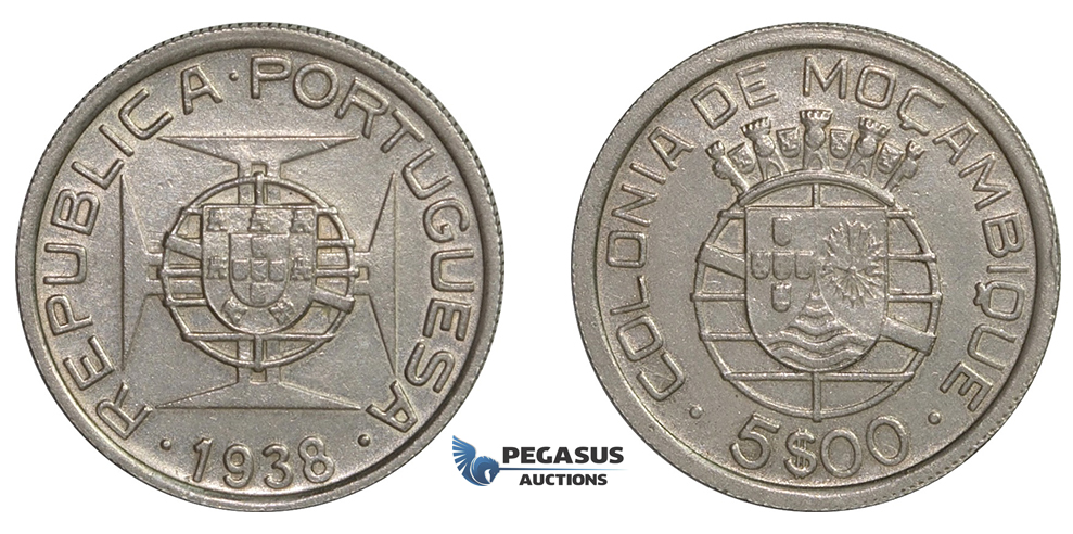 E87, Mozambique (Portuguese) 5 Escudos 1938, Silver, Top Grade!