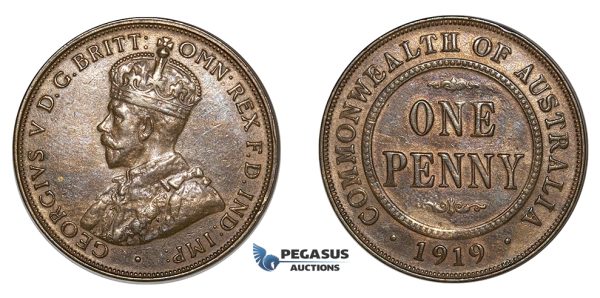 E89, Australia, George V, Penny 1919 (m) Melbourne, Dot Below Lower Scroll, High Grade!