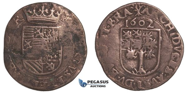 E97, Belgium, Brabant, Albert & Isabella, Liard 1602, Copper (3.94g) Rare! Minor Corrosion
