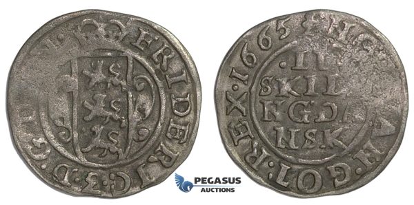 F02, Denmark, Frederik III, 2 Skilling 1665, Silver (0.70g) H. 134B, Partly weak struck