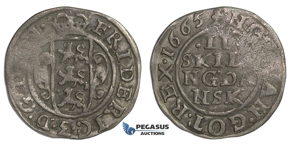 F02, Denmark, Frederik III, 2 Skilling 1665, Silver (0.70g) H. 134B, Partly weak struck