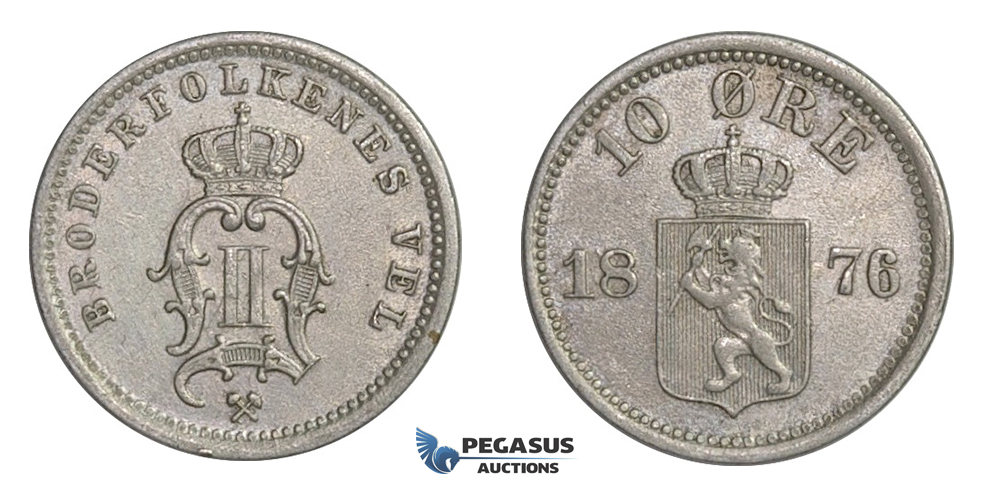 F11, Norway, Oscar II, 10 Øre 1876, Silver, NM 80, High Grade