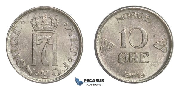 F13, Norway, Haakon VII, 10 Øre 1919, Silver, NM 116, Top Grade!
