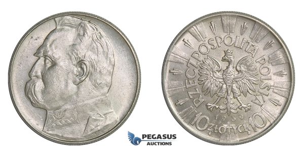 F18, Poland, 10 Zlotych 1939 (Pilsudski) Silver, TOP Grade (Minor hairlines)