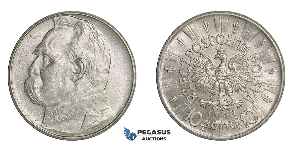F18, Poland, 10 Zlotych 1939 (Pilsudski) Silver, TOP Grade (Minor hairlines)