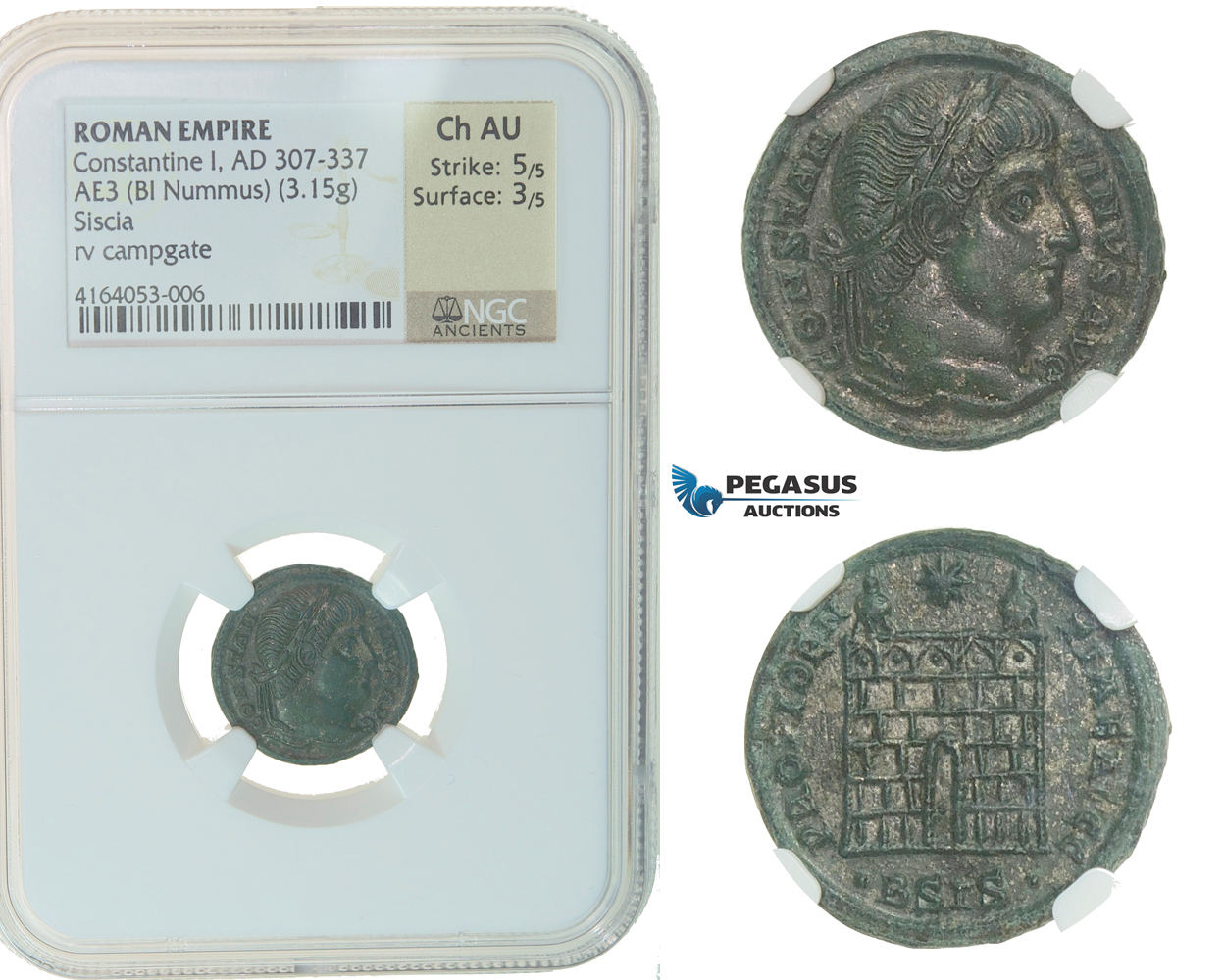 F41, Roman Empire, Constantine I (307-337 AD), Æ Nummus (3.15g) Siscia, Campgate NGC Ch AU