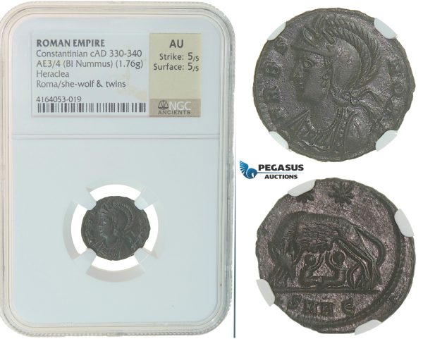 F42, Roman Empire, Constantinian (330-340 AD) Æ Nummus (1.76g) Heraclea, She wolf, NGC AU
