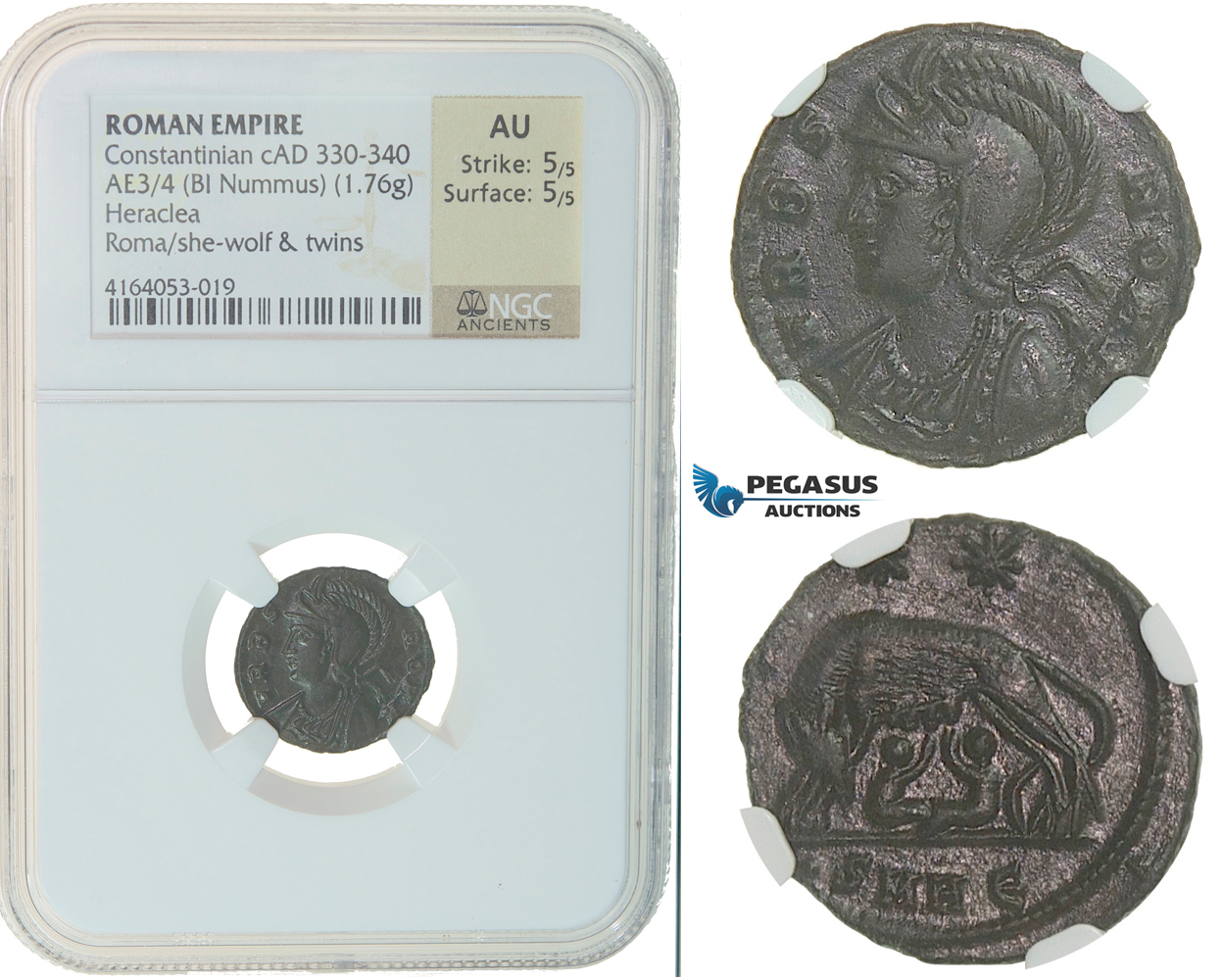 F42, Roman Empire, Constantinian (330-340 AD) Æ Nummus (1.76g) Heraclea, She wolf, NGC AU