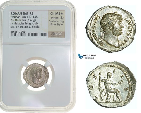F73, Roman Empire, Hadrian (117-138 AD) AR-Denarius (3.40g) Rome, Hercules, NGC Ch MS* Star, Fine Style!
