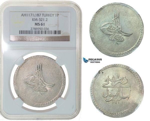 F74, Ottoman Empire, Turkey, Mustafa III, Piastre AH1171/87, Islambul, Silver, NGC MS61