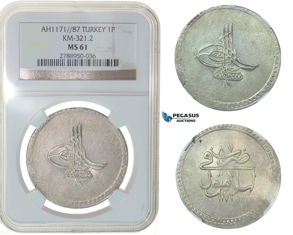 F74, Ottoman Empire, Turkey, Mustafa III, Piastre AH1171/87, Islambul, Silver, NGC MS61
