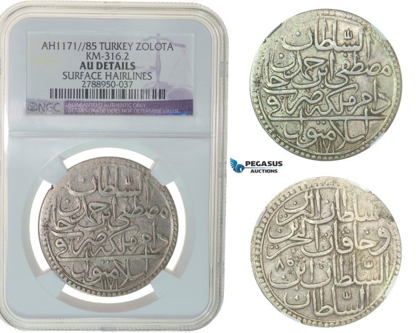 F75, Ottoman Empire, Turkey, Mustafa III, Zolota AH1171/85, Islambul, Silver, NGC AU Det.