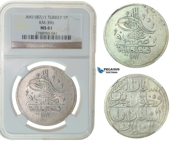 F76, Ottoman Empire, Turkey, Abdül Hamid I, Piastre AH1187/1, Qustantiniya, Silver, NGC MS61