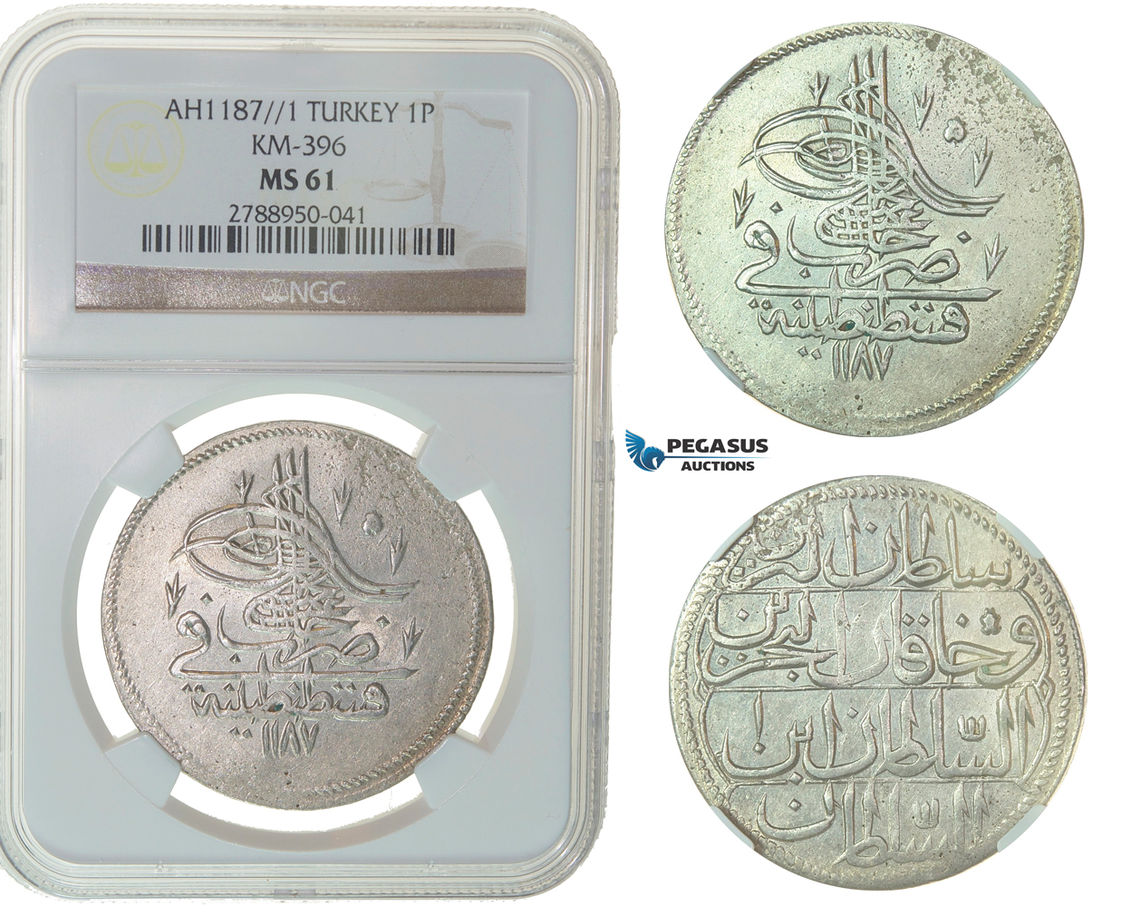 F76, Ottoman Empire, Turkey, Abdül Hamid I, Piastre AH1187/1, Qustantiniya, Silver, NGC MS61