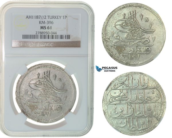 F77, Ottoman Empire, Turkey, Abdül Hamid I, Piastre AH1187/2, Qustantiniya, Silver, NGC MS61