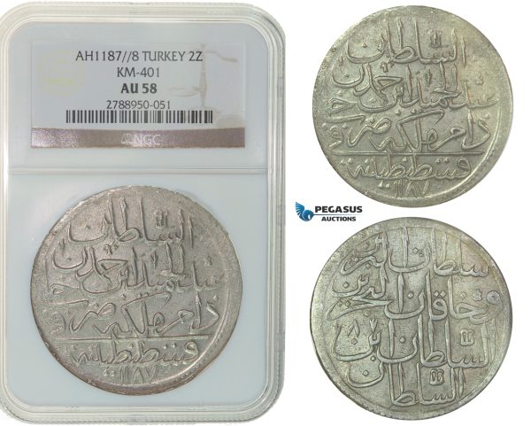 F78, Ottoman Empire, Turkey, Abdül Hamid I, 2 Zolota AH1187/8, Qustantiniya, NGC AU58