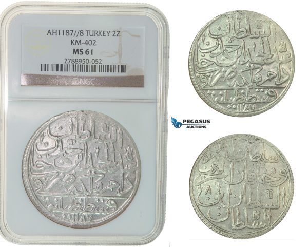 F79, Ottoman Empire, Turkey, Abdül Hamid I, 2 Zolota AH1187/8, Qustantiniya, NGC MS61