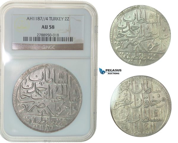 F80, Ottoman Empire, Turkey, Abdül Hamid I, 2 Zolota AH1187/4, Qustantiniya, NGC AU58