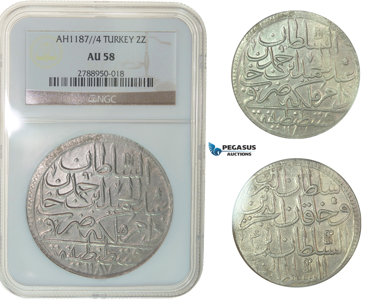 F80, Ottoman Empire, Turkey, Abdül Hamid I, 2 Zolota AH1187/4, Qustantiniya, NGC AU58