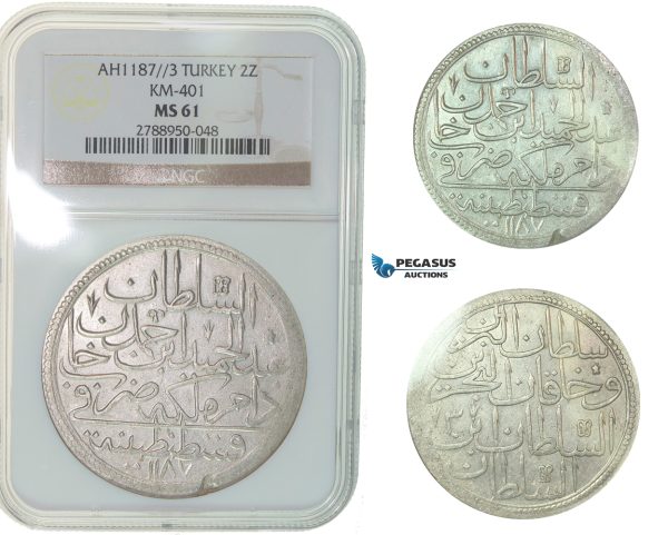 F81, Ottoman Empire, Turkey, Abdül Hamid I, 2 Zolota AH1187/3, Qustantiniya, NGC MS61