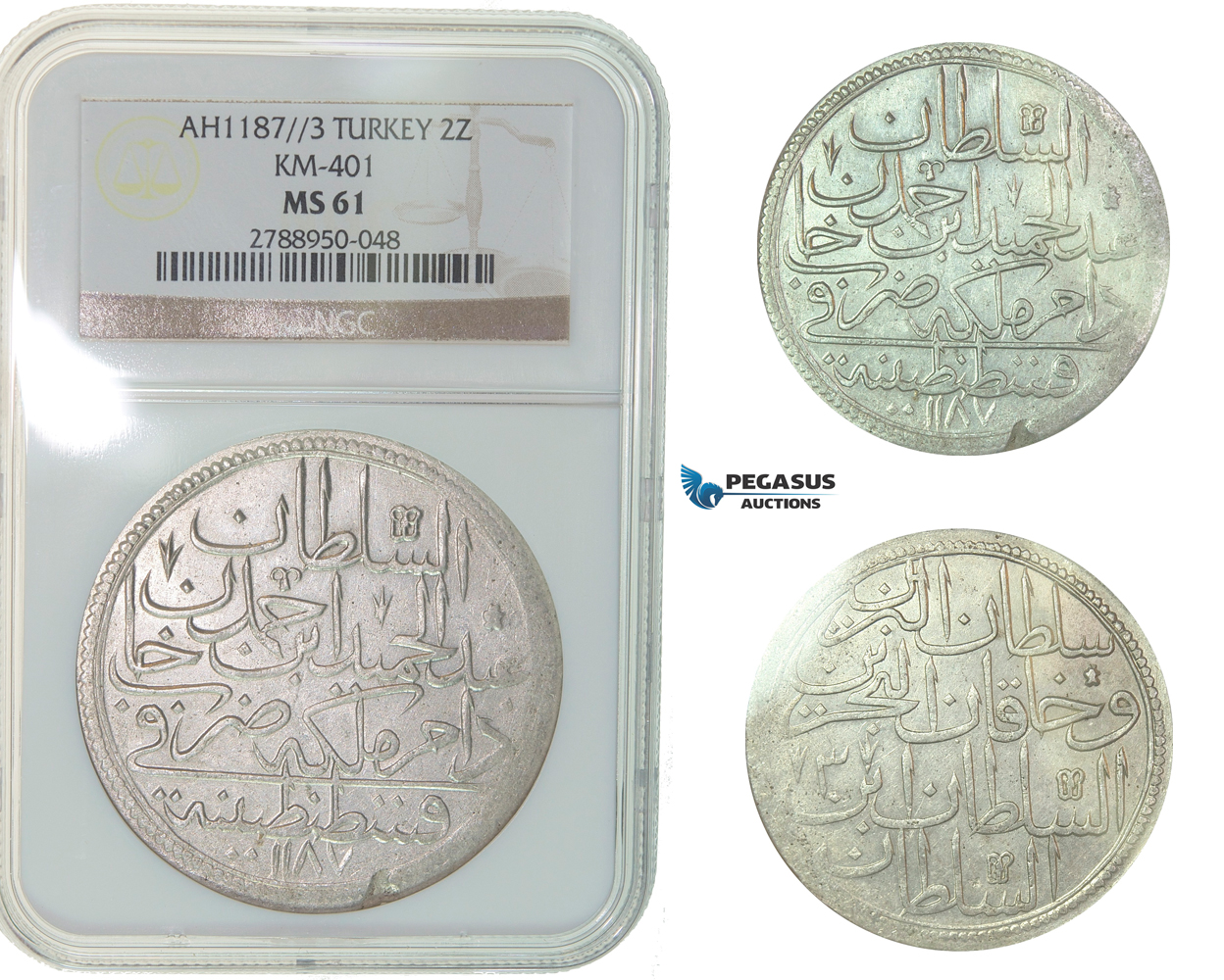 F81, Ottoman Empire, Turkey, Abdül Hamid I, 2 Zolota AH1187/3, Qustantiniya, NGC MS61