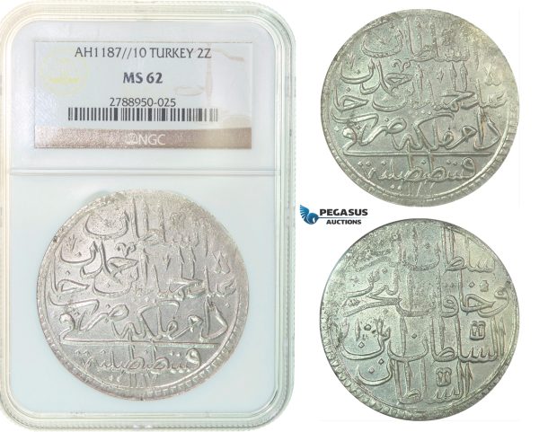 F82, Ottoman Empire, Turkey, Abdül Hamid I, 2 Zolota AH1187/10, Qustantiniya, NGC MS62