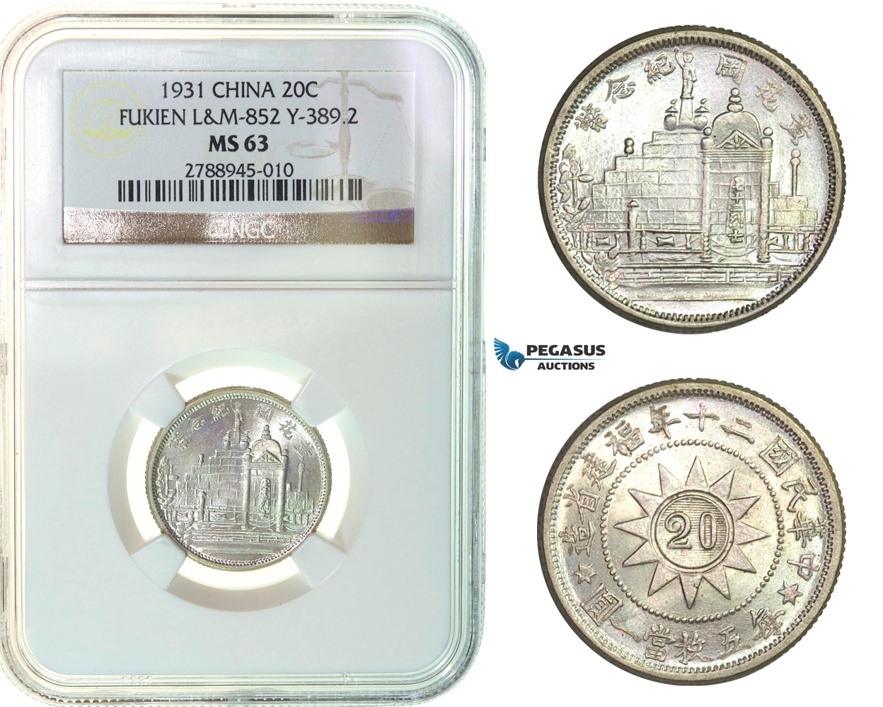 F93, China, Fukien, 20 Cents 1931, Silver, NGC MS63