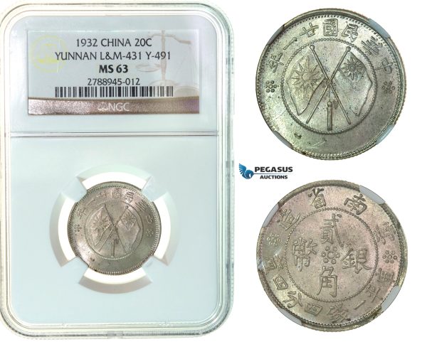 F94, China, Yunnan, 20 Cents 1932, Silver, NGC MS63