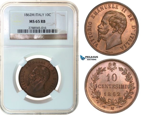 F98, Italy, Vittorio Emanuele II, 10 Centesimi 1862-M, Milan, NGC MS65RB