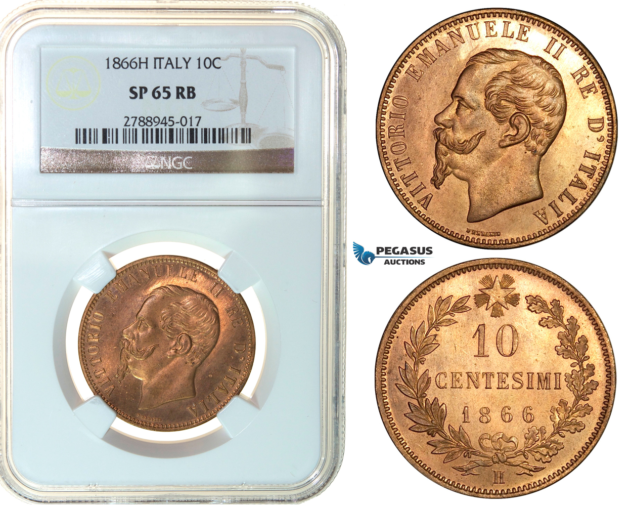 F99, Italy, Vittorio Emanuele II, 10 Centesimi 1866-H, Birmingham, NGC SP65RB