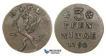 G23, Germany, Stralsund City (Under Swedish Siege) 3 Pfenninge 1792, Copper, Nice grade!